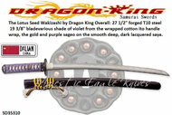 Dragon King Cutlery SD35310 The Lotus Seed Wakizashi by Dragon King blade various shade of violet from the wrapped cotton ito (handle wrap), the gold and purple sageo on the smooth deep, dark lacquered saya Dragon King Cutlery SD35310 The Lotus Seed Wakizashi by Dragon King blade various shade of violet from the wrapped cotton ito (handle wrap), the gold and purple sageo on the smooth deep, dark lacquered saya
