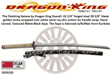 Dragon King Cutlery SD35320 The Fletching Katana by Dragon King golden tsuka wrapped over white same ray skin cotton ito handle wrap, Hand Carved, Textured Matte Black Saya. The Saya is Adorned w/Buffalo Horn Kurikata Knob & Black Sageo Cord                 