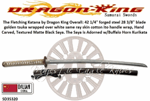 Dragon King Cutlery SD35320 The Fletching Katana by Dragon King golden tsuka wrapped over white same ray skin cotton ito handle wrap, Hand Carved, Textured Matte Black Saya. The Saya is Adorned w/Buffalo Horn Kurikata Knob & Black Sageo Cord                 