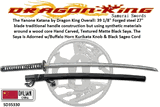 Dragon King Cutlery SD35330 The Yanone Katana by Dragon King traditional handle construction but using synthetic materials around a wood core Hand Carved, Textured Matte Black Saya. The Saya is Adorned w/Buffalo Horn Kurikata Knob & Black Sageo Cord