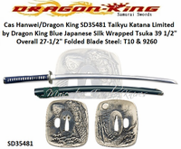 Cas Hanwei/Dragon King SD35481 Taikyu Katana Limited by Dragon King Blue Japanese Silk Wrapped Tsuka 39 1/2" Overall 27-1/2" Folded Blade Steel: T10 & 9260 Cas Hanwei/Dragon King SD35481 Taikyu Katana Limited by Dragon King Blue Japanese Silk Wrapped Tsuka 39 1/2" Overall 27-1/2" Folded Blade Steel: T10 & 9260