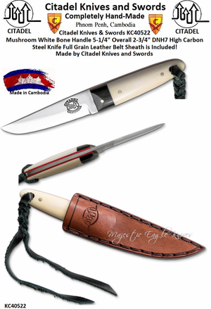 Citadel's Hand Crafted Knives Limited to 50 Pieces KC40522 Mushroom Pocket Knife 5-1/4" Overall 2-3/4" DNH7 High Carbon Steel Plain Blade Real White Bone Handle Made In Cambodia by Citadel