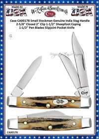 W.R. Case & Sons Cutlery CaseXX CA00178 Small Stockman Genuine India Stag Handle 2-5/8" Closed 2" Clip 1-1/2" Sheepfoot Coping 1-1/2" Pen Blades Slipjoint Pocket Knife
