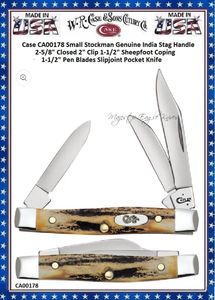 W.R. Case & Sons Cutlery CaseXX CA00178 Small Stockman Genuine India Stag Handle 2-5/8" Closed 2" Clip 1-1/2" Sheepfoot Coping 1-1/2" Pen Blades Slipjoint Pocket Knife