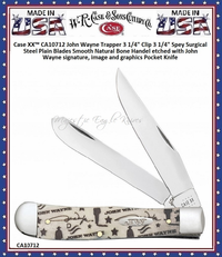 Case XX™ CA10712 John Wayne Trapper 3 1/4" Clip 3 1/4" Spey Surgical Steel Plain Blades Smooth Natural Bone Handel etched with John Wayne signature, image and graphics Pocket Knife Case XX™ CA10712 John Wayne Trapper 3 1/4" Clip 3 1/4" Spey Surgical Steel Plain Blades Smooth Natural Bone Handel etched with John Wayne signature, image and graphics Pocket Knife
