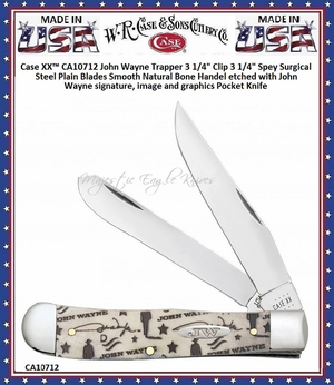 Case XX™ CA10712 John Wayne Trapper 3 1/4" Clip 3 1/4" Spey Surgical Steel Plain Blades Smooth Natural Bone Handel etched with John Wayne signature, image and graphics Pocket Knife Case XX™ CA10712 John Wayne Trapper 3 1/4" Clip 3 1/4" Spey Surgical Steel Plain Blades Smooth Natural Bone Handel etched with John Wayne signature, image and graphics Pocket Knife