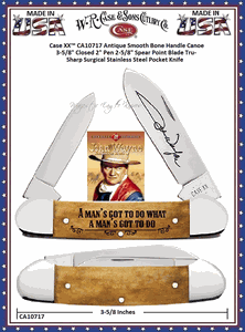 W.R. Case & Sons Cutlery� CA10717 Case XX� John Wayne Canoe Smooth Antique Bone Handle 3-5/8" Closed 2" Pen 2-5/8" Spear Point Plain Blade Tru-Sharp Stainless Steel Pocket Knife