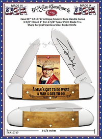W.R. Case & Sons Cutlery CA10717 Case XX™ John Wayne Canoe Smooth Antique Bone Handle 3-5/8" Closed 2" Pen 2-5/8" Spear Point Plain Blade Tru-Sharp Stainless Steel Pocket Knife W.R. Case & Sons Cutlery CA10717 Case XX™ John Wayne Canoe Smooth Antique Bone Handle 3-5/8" Closed 2" Pen 2-5/8" Spear Point Plain Blade Tru-Sharp Stainless Steel Pocket Knife