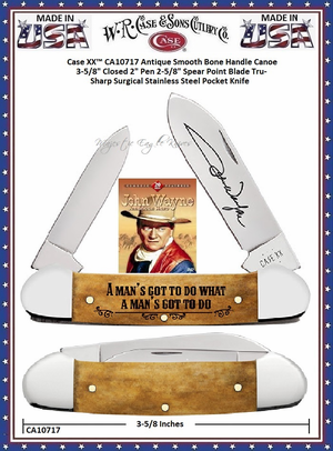 W.R. Case & Sons Cutlery CA10717 Case XX™ John Wayne Canoe Smooth Antique Bone Handle 3-5/8" Closed 2" Pen 2-5/8" Spear Point Plain Blade Tru-Sharp Stainless Steel Pocket Knife W.R. Case & Sons Cutlery CA10717 Case XX™ John Wayne Canoe Smooth Antique Bone Handle 3-5/8" Closed 2" Pen 2-5/8" Spear Point Plain Blade Tru-Sharp Stainless Steel Pocket Knife