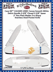 Case XX� CA13205 USMC Canoe Smooth White Delrin Handle 3-5/8" Closed 2-5/8" Spear 2" Pen Plain Blades Tru-Sharp Surgical Stainless Steel Pocket Knife 