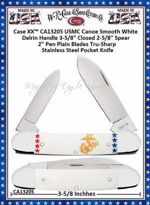 Case XX� CA13205 USMC Canoe Smooth White Delrin Handle 3-5/8" Closed 2-5/8" Spear 2" Pen Plain Blades Tru-Sharp Surgical Stainless Steel Pocket Knife 