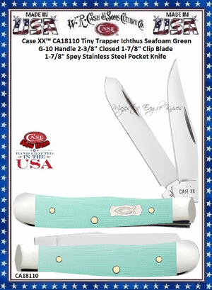 W.R. Case & Sons Cutlery CA18110 Case XX™ Tiny Trapper Ichthus Seafoam Green G-10 Handle 2-3/8" Closed 1-7/8" Clip Blade 1-7/8" Spey Stainless Steel Pocket Knife W.R. Case & Sons Cutlery CA18110 Case XX™ Tiny Trapper Ichthus Seafoam Green G-10 Handle 2-3/8" Closed 1-7/8" Clip Blade 1-7/8" Spey Stainless Steel Pocket Knife