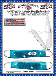 Case XX� CA25596 Sawcut Caribbean Blue Bone Peanut 2-3/4" Closed 2-1/8" Clip 1-1/2" Pen Blades Tru-Sharp Stainless Steel Pocket Knife 