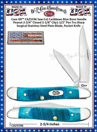 Case XX� CA25596 Sawcut Caribbean Blue Bone Peanut 2-3/4" Closed 2-1/8" Clip 1-1/2" Pen Blades Tru-Sharp Stainless Steel Pocket Knife 