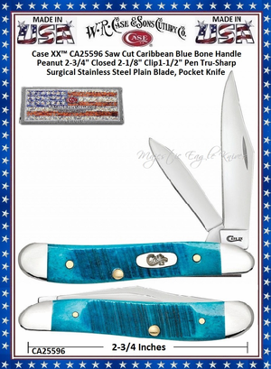Case XX� CA25596 Sawcut Caribbean Blue Bone Peanut 2-3/4" Closed 2-1/8" Clip 1-1/2" Pen Blades Tru-Sharp Stainless Steel Pocket Knife 
