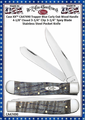 Case XX™ CA47490 Trapper Blue Curly Oak Wood Handle 4-1/8" Closed 3-1/4" Clip 3-1/4" Spey Blade Stainless Steel Pocket Knife Case XX™ CA47490 Trapper Blue Curly Oak Wood Handle 4-1/8" Closed 3-1/4" Clip 3-1/4" Spey Blade Stainless Steel Pocket Knife