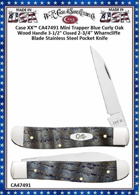 Case XX™ CA47491 Case XX™ Mini Trapper Blue Curly Oak Wood Handle 3-1/2" Closed 2-3/4" Wharncliffe Blade Stainless Steel Pocket Knife Case XX™ CA47491 Case XX™ Mini Trapper Blue Curly Oak Wood Handle 3-1/2" Closed 2-3/4" Wharncliffe Blade Stainless Steel Pocket Knife