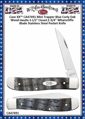Case XX™ CA47491 Case XX™ Mini Trapper Blue Curly Oak Wood Handle 3-1/2" Closed 2-3/4" Wharncliffe Blade Stainless Steel Pocket Knife Case XX™ CA47491 Case XX™ Mini Trapper Blue Curly Oak Wood Handle 3-1/2" Closed 2-3/4" Wharncliffe Blade Stainless Steel Pocket Knife