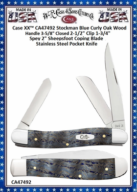 Case XX™ CA47492 Case XX™ Stockman Blue Curly Oak Wood Handle 3-5/8" Closed 2-1/2" Clip 1-3/4" Spey 2" Sheepsfoot Coping Blade Stainless Steel Pocket Knife Case XX™ CA47492 Case XX™ Stockman Blue Curly Oak Wood Handle 3-5/8" Closed 2-1/2" Clip 1-3/4" Spey 2" Sheepsfoot Coping Blade Stainless Steel Pocket Knife