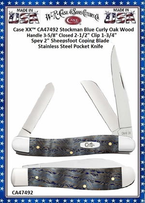 Case XX� CA47492 Case XX� Stockman Blue Curly Oak Wood Handle 3-5/8" Closed 2-1/2" Clip 1-3/4" Spey 2" Sheepsfoot Coping Blade Stainless Steel Pocket Knife 