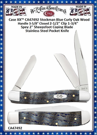 Case XX� CA47492 Case XX� Stockman Blue Curly Oak Wood Handle 3-5/8" Closed 2-1/2" Clip 1-3/4" Spey 2" Sheepsfoot Coping Blade Stainless Steel Pocket Knife 