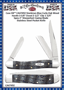 Case XX� CA47492 Case XX� Stockman Blue Curly Oak Wood Handle 3-5/8" Closed 2-1/2" Clip 1-3/4" Spey 2" Sheepsfoot Coping Blade Stainless Steel Pocket Knife 
