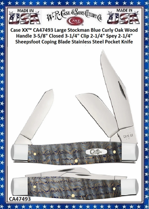 Case XX� CA47493 Case XX� Large Stockman Blue Curly Oak Wood Handle 3-5/8" Closed 3-1/4" Clip 2-1/4" Spey 2-1/4" Sheepsfoot Coping Blade Stainless Steel Pocket Knife