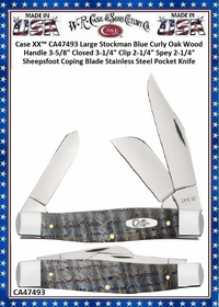 Case XX� CA47493 Case XX� Large Stockman Blue Curly Oak Wood Handle 3-5/8" Closed 3-1/4" Clip 2-1/4" Spey 2-1/4" Sheepsfoot Coping Blade Stainless Steel Pocket Knife