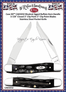 Case XX� CA65032 Muskrat Jigged Buffalo Horn Handle 3-7/8" Closed 3" Clip Point 3" Clip Point Blades Stainless Steel Pocket Knife 