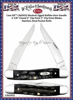 Case XX� CA65032 Muskrat Jigged Buffalo Horn Handle 3-7/8" Closed 3" Clip Point 3" Clip Point Blades Stainless Steel Pocket Knife 