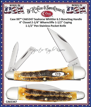 Case XX� CA65347 Seahorse Whittler 6.5 BoneStag Handle 4" Closed 2-1/4" Wharncliffe 1-1/2" Coping 1-1/2" PenStainless Pocket Knife