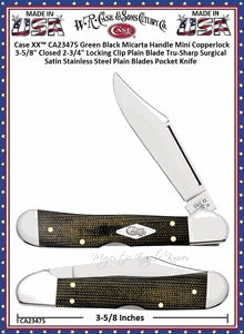 CaseXX  SHOT Show CA23473 Smooth Green/Black Micarta Copperlock Pocket Knife 4-1/4" Closed 2-3/4" Locking Clip Tru-Sharp Surgical Stainless Steel Plain Blade