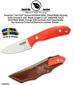 Casstrom "Lars Falt" Knives KS10630 Safari  Fixed Blade Hunting Knife Orange G10 Laminate Handle Comes w/Premium Leather Sheath