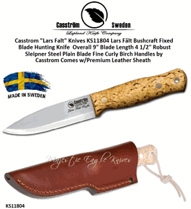 Casstrom "Lars Falt" Knives KS11804 Bushcraft Fixed Blade Hunter Fine Curly Birch Handles Comes w/Premium Leather Sheath
