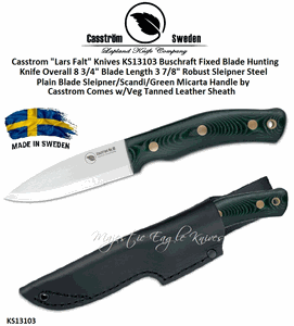 Casstrom "Lars Falt" Knives KS13103 Bushcraft Fixed Blade Hunting Knife Sleipner/Scandi/Green Micarta Handle Comes w/Veg Tanned Leather Sheath