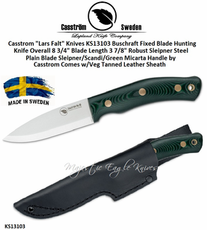 Casstrom "Lars Falt" Knives KS13103 Bushcraft Fixed Blade Hunting Knife Sleipner/Scandi/Green Micarta Handle Comes w/Veg Tanned Leather Sheath