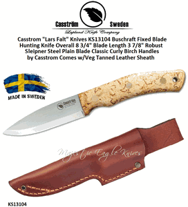 Casstrom "Lars Falt" Knives KS13104 Bushcraft Fixed Blade Hunting Knife Classic Curly Birch Handles Comes w/Veg Tanned Leather Sheath
