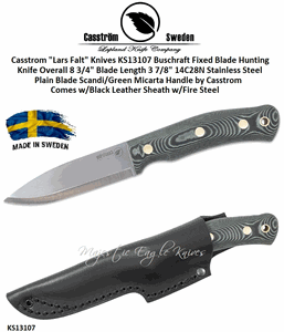 Casstrom "Lars Falt" Knives KS13107 Bushcraft Fixed Blade Hunting KnifeScandi/Green Micarta Handle Comes w/Black Leather Sheath w/Fire Steel
