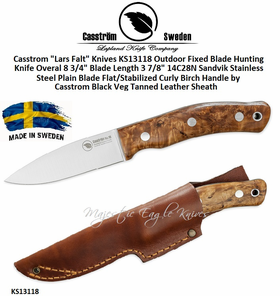 Casstrom "Lars Falt" Knives KS13118 Outdoor Fixed Blade Hunting Knife Flat/Stabilized Curly Birch Handle Black Veg Tanned Leather Sheath