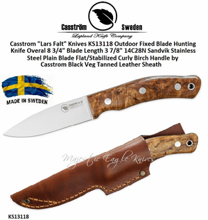 Casstrom "Lars Falt" Knives KS13118 Outdoor Fixed Blade Hunting Knife Flat/Stabilized Curly Birch Handle Black Veg Tanned Leather Sheath Casstrom "Lars Falt" Knives KS13118 Outdoor Fixed Blade Hunting Knife Flat/Stabilized Curly Birch Handle Black Veg Tanned Leather Sheath
