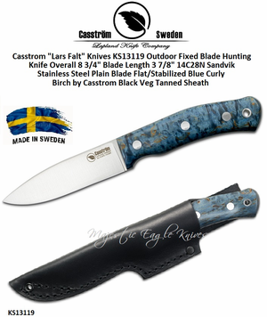 Casstrom "Lars Falt" Knives KS13119 Outdoor Fixed Blade Hunting Knife Flat/Stabilized Blue Curly Birch Black Veg Tanned Sheath