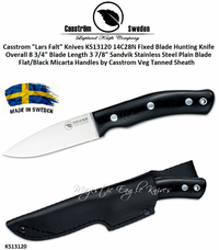 Casstrom "Lars Falt" Knives KS13120 Outdoor Knife 14C28N Fixed Blade Hunting Knife Flat/Black Micarta Handles Veg Tanned Sheath Casstrom "Lars Falt" Knives KS13120 Outdoor Knife 14C28N Fixed Blade Hunting Knife Flat/Black Micarta Handles Veg Tanned Sheath