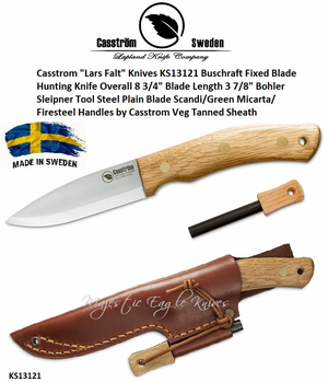 Casstrom "Lars Falt" Knives KS13121 Buschraft Fixed Blade Hunting Knife Scandi/Oak/Firesteel Handles Veg Tanned Sheath w/Matching Firesteel Casstrom "Lars Falt" Knives KS13121 Buschraft Fixed Blade Hunting Knife Scandi/Oak/Firesteel Handles Veg Tanned Sheath w/Matching Firesteel