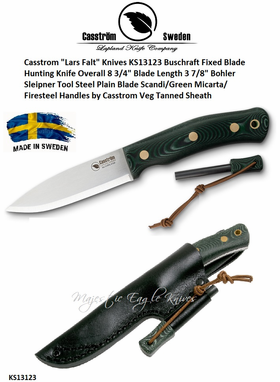 Casstrom "Lars Falt" Knives KS13123 Buschraft Fixed Blade Hunting Knife Scandi/Green Micarta/Firesteel Handles Veg Tanned Sheath