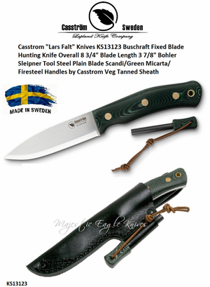 Casstrom "Lars Falt" Knives KS13123 Buschraft Fixed Blade Hunting Knife Scandi/Green Micarta/Firesteel Handles Veg Tanned Sheath Casstrom "Lars Falt" Knives KS13123 Buschraft Fixed Blade Hunting Knife Scandi/Green Micarta/Firesteel Handles Veg Tanned Sheath