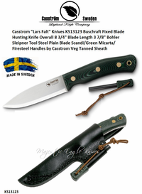 Casstrom "Lars Falt" Knives KS13123 Buschraft Fixed Blade Hunting Knife Scandi/Green Micarta/Firesteel Handles Veg Tanned Sheath Casstrom "Lars Falt" Knives KS13123 Buschraft Fixed Blade Hunting Knife Scandi/Green Micarta/Firesteel Handles Veg Tanned Sheath