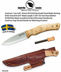 Casstrom "Lars Falt" Knives KS13124 Buschraft Fixed Blade Hunting Knife Scandi/Curly Birch/Firesteel Handles Veg Tanned Sheath w/ Matching Firesteel Casstrom "Lars Falt" Knives KS13124 Buschraft Fixed Blade Hunting Knife Scandi/Curly Birch/Firesteel Handles Veg Tanned Sheath w/ Matching Firesteel