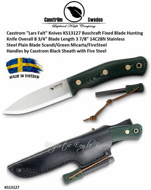 Casstrom "Lars Falt" Knives KS13127 Buschraft Fixed Blade Hunting Knife Scandi/Green Micarta/FireSteel Handles Black Sheath with Fire Steel Casstrom "Lars Falt" Knives KS13127 Buschraft Fixed Blade Hunting Knife Scandi/Green Micarta/FireSteel Handles Black Sheath with Fire Steel