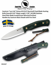 Casstrom "Lars Falt" Knives KS13127 Buschraft Fixed Blade Hunting Knife Scandi/Green Micarta/FireSteel Handles Black Sheath with Fire Steel Casstrom "Lars Falt" Knives KS13127 Buschraft Fixed Blade Hunting Knife Scandi/Green Micarta/FireSteel Handles Black Sheath with Fire Steel