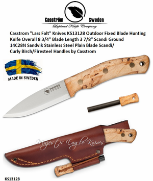 Casstrom "Lars Falt" Knives KS13128 Outdoor Fixed Blade Hunting Knife  Scandi/Curly Birch/Firesteel Handles Vegetable Tanned Leather